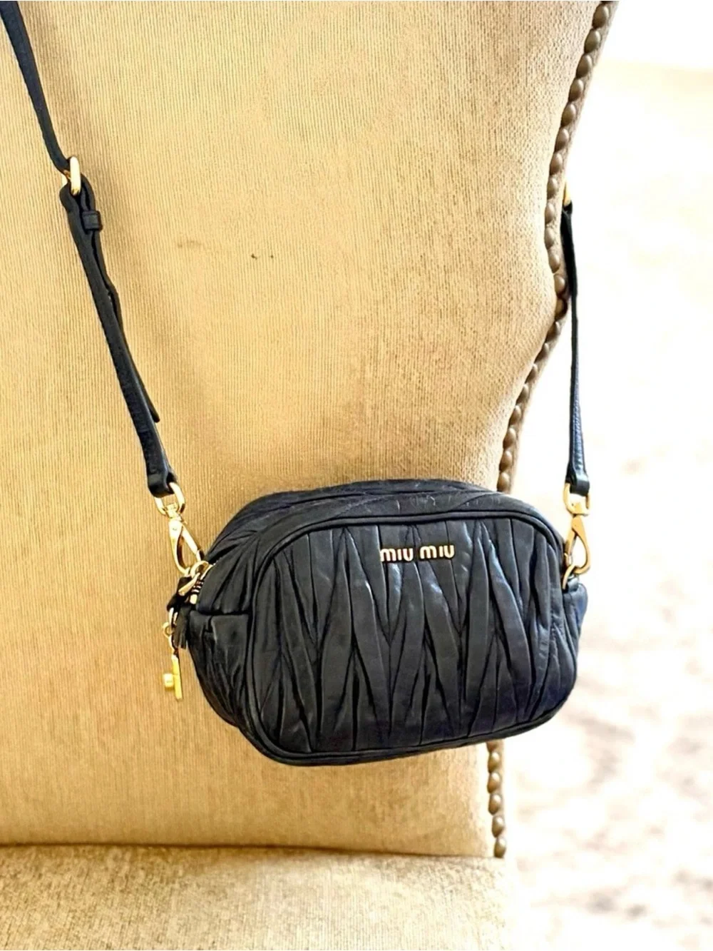Miu Miu Quilted Navy Leather Crossbody with Gold Hardware